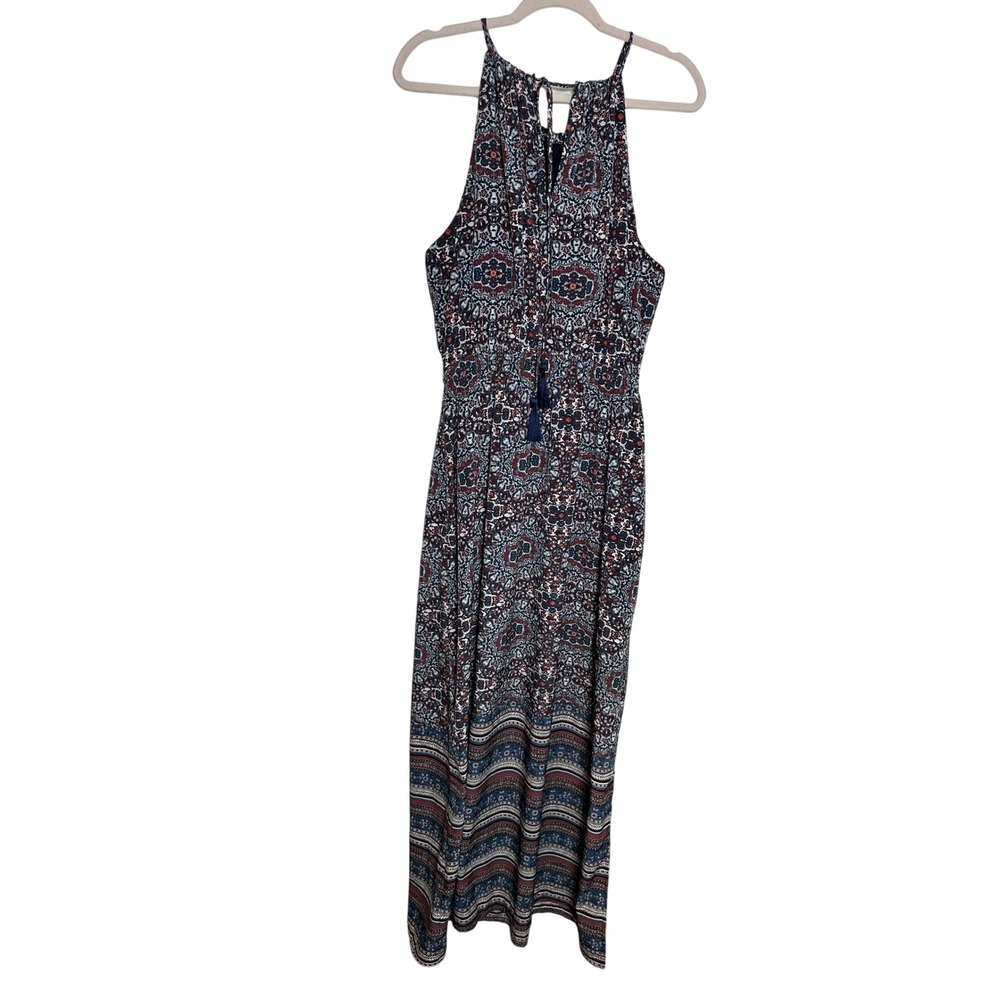 Athleta Halter Maxi Dress Built In Shelf Bra Medallion Print‎ Navy Red Large - Picture 3 of 6